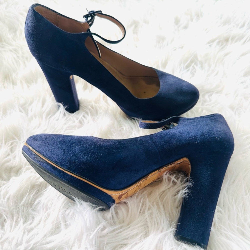 Retro style natural navy blue suede leather, mary jane heels shoes size 40